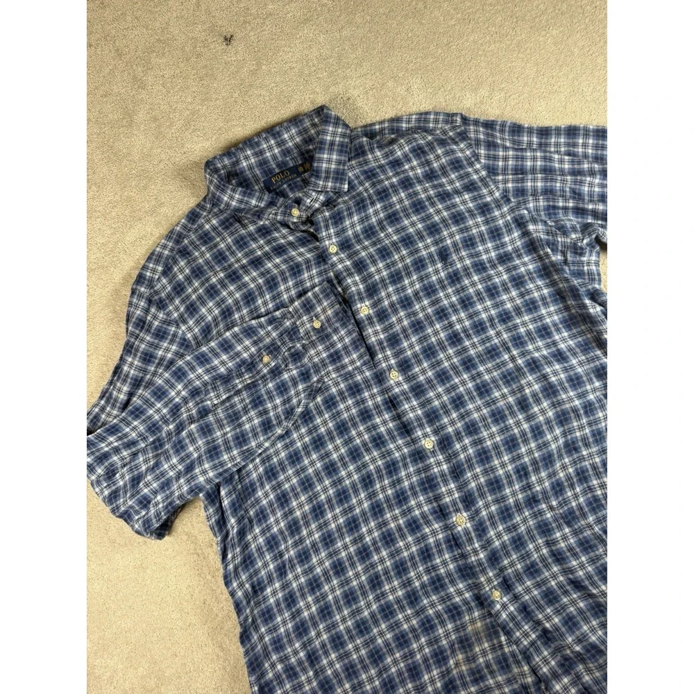 Polo Ralph Lauren Blue Plaid Linen Button Shirt Mens 2XL L/S Pony Preppy Resort*